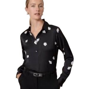 Ann Taylor Black Button-Down Shirt with White Floral Print